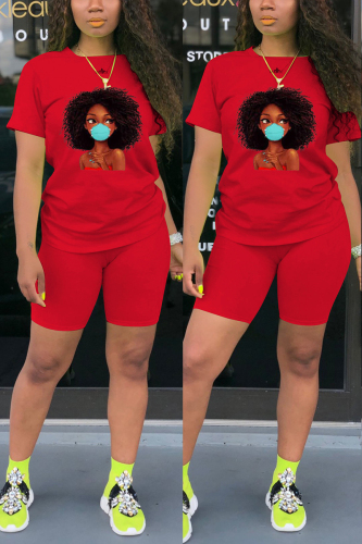 Red Fashion Casual Printed T-shirt Sports Set