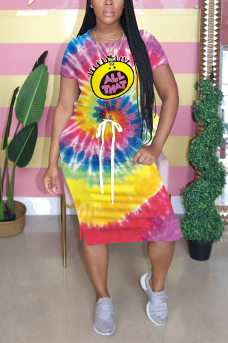 Colorful Rainbow Color Casual Printed Short-sleeved Midi Dress