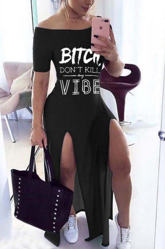 Black Sexy Fashion Letter Printed Split Dress