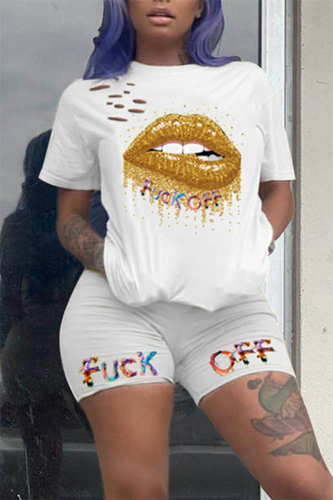 White Fashion Casual Lips Printed T-shirt Set