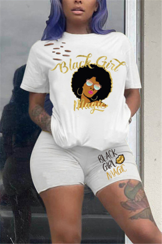 White Fashion Casual Printed T-shirt Shorts Set