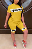 Yellow Fashion Casual Printed Short Sleeve Shorts Set