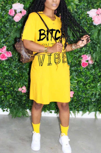 Yellow Fashion Letter Printed Short Sleeve Dress