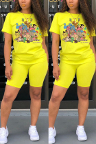 Yellow Fashion Casual Cartoon Printed T-shirt Shorts Set
