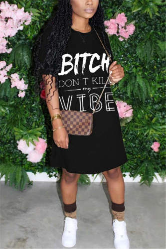 Black Fashion Letter Printed Short Sleeve Dress