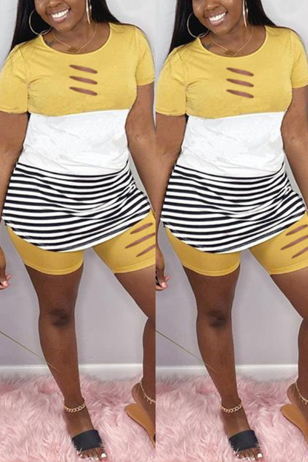 Yellow Fashion Casual Striped Short Sleeve Two-piece Set
