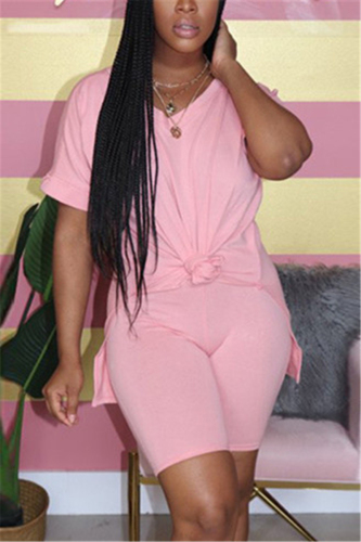 Pink Casual V-neck Short Sleeve Top Shorts Set