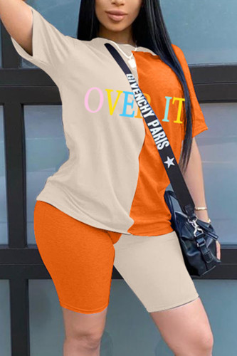 Orange Fashion Casual Stitching Two-piece Set