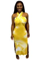Yellow Street Off The Shoulder Sleeveless Halter Neck Step Skirt Ankle-Length Print Print Dresse