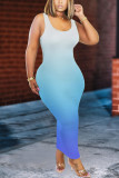 Blue Sexy Gradient Printed Sleeveless Fitted Dress