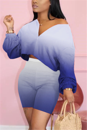 Blue Fashion Gradient Printed Casual Set