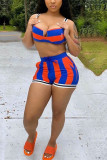 Orange Sexy Striped Print Sling Top Shorts Set