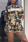 Army Green Fashion Letter Printed T-shirt Shorts Set
