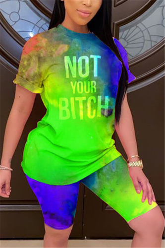 Green Fashion Casual Printed T-shirt Shorts Set