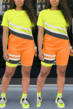 Orange Fashion Casual Stitching Short Sleeve Shorts Set