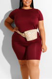 Wine Red Fashion Casual Plus Size T-Shirt Set