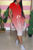 Red Fashion Gradient Printed Short Sleeve Dress
