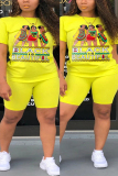 Yellow Fashion Casual Printed Short Sleeve Plus Size Set
