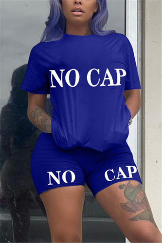 Blue Fashion Letters Print T-shirt Shorts Set