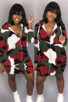 Red Casual Fashion adult Cap Sleeve Long Sleeves O neck Straight Knee-Length Print camouflage