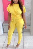 Yellow Fashion Casual Short Sleeve Trousers Two-piece Set