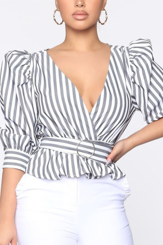 Grey Fashion Striped Print Puff Sleeve Shirt