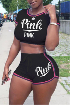 Black Fashion Letter Printed T-shirt Shorts Casual Set