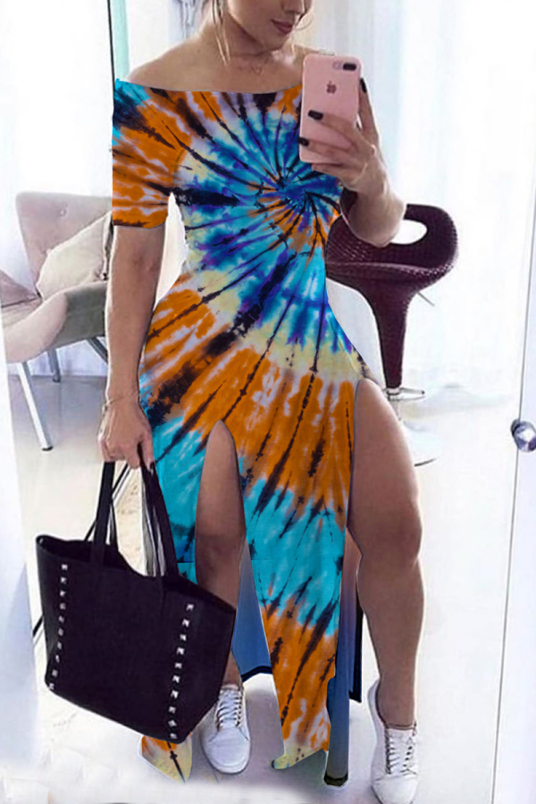 BlueOrange Sexy Print Off Shoulder Split Dress