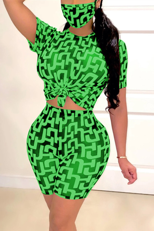 GreenBlack Fashion Casual Printed Short Sleeve Shorts Set