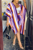 Purple Fashion Casual Striped Cover Up Shorts Set