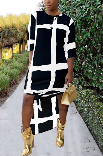 Black Fashion adult Sexy Cap Sleeve Half Sleeves O neck Swagger Ankle-Length split Print Patchwo