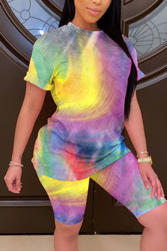 Yellow Fashion Casual Printed Short Sleeve Shorts Set