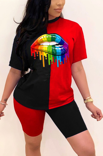 BlackRed Fashion Lips Print Patchwork T-shirt Set