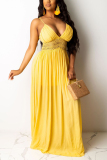 Yellow adult Casual Fashion Spaghetti Strap Sleeveless Slip Swagger Floor-Length Solid Patchwork