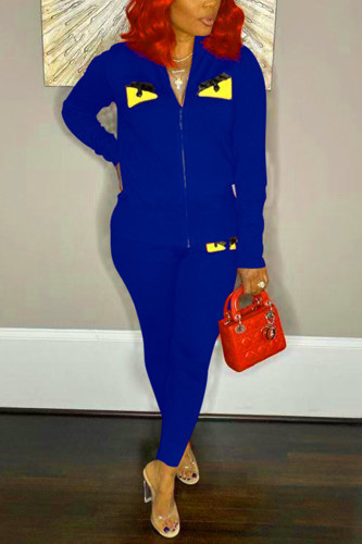 Blue Fashion Casual Printed Zipper Coats Set