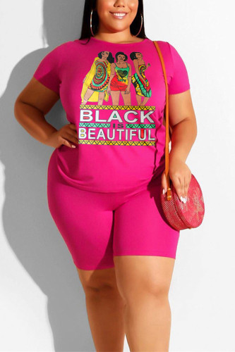 Rose Red Fashion Casual Printed T-shirt Large Size Set
