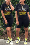 Black Fashion Casual Printed T-shirt Shorts Set