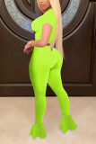 Fluorescent green Fashion Mesh Patchwork Tops Trousers Set