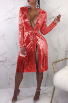 Red Fashion Solid Tassel Sequins V Neck Straight Dresses