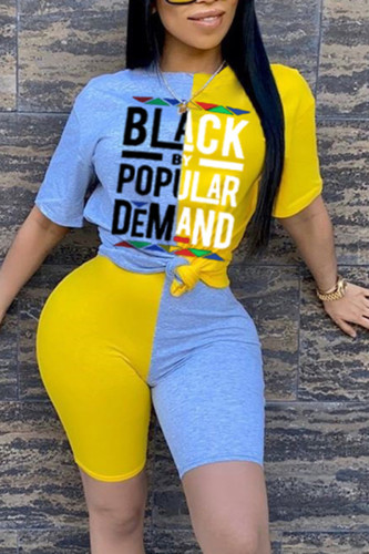 Yellow Casual Letter Printed Stitching T-shirt Set