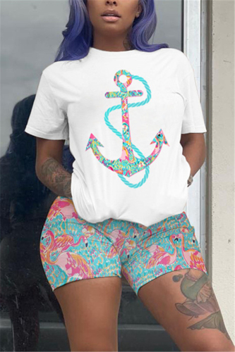 Cyan Fashion Casual Printed T-shirt Shorts Set