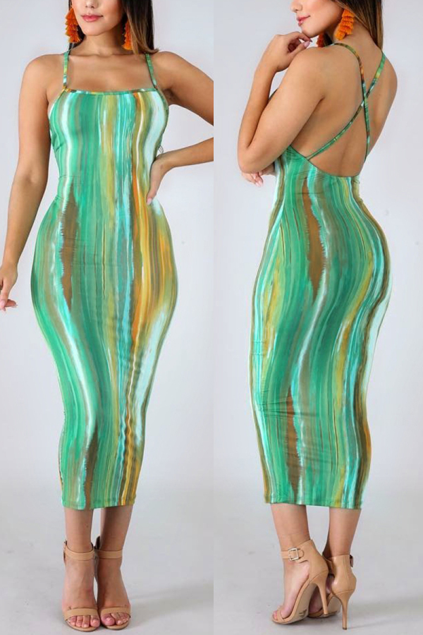 Green Sexy Fashion Print Strap Dress