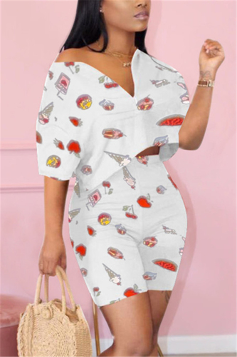 White Fashion Casual Printed T-shirt Shorts Set