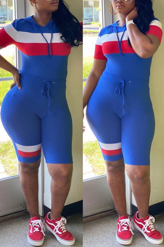 Blue Fashion Casual Stitching Short Sleeve Shorts Set