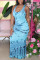 Light Blue Fashion Casual Printed Sleeveless Dress