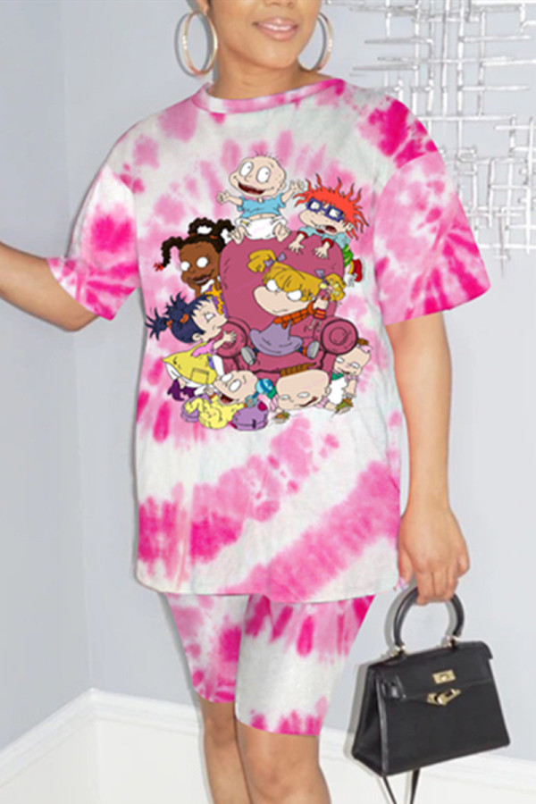 Pink Fashion Casual Printed Short-sleeved T-shirt Set