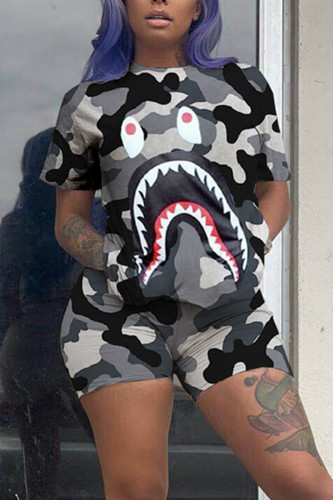 Grey Fashion Casual Printed Short Sleeve Top Sports Set