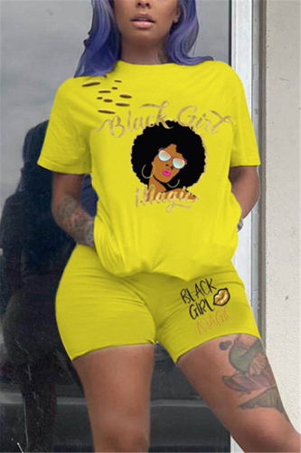 Yellow Fashion Casual Printed T-shirt Shorts Set