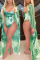 Green Sexy Fashion Print Long Sleeve Cover Up Swimsuit Set