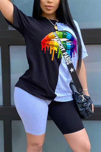 BlackBlue Fashion Lips Print Patchwork T-shirt Set